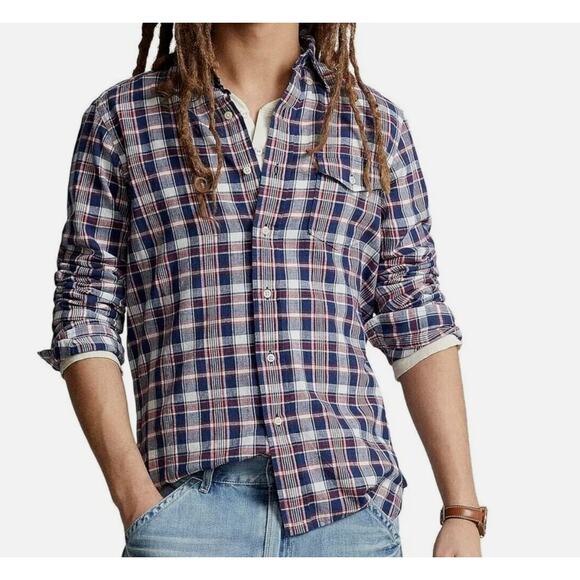 Polo Ralph Lauren Classic Fit Indigo Shirt, Bleeding Madras Plaid, Mens M | NEW - Picture 1 of 7